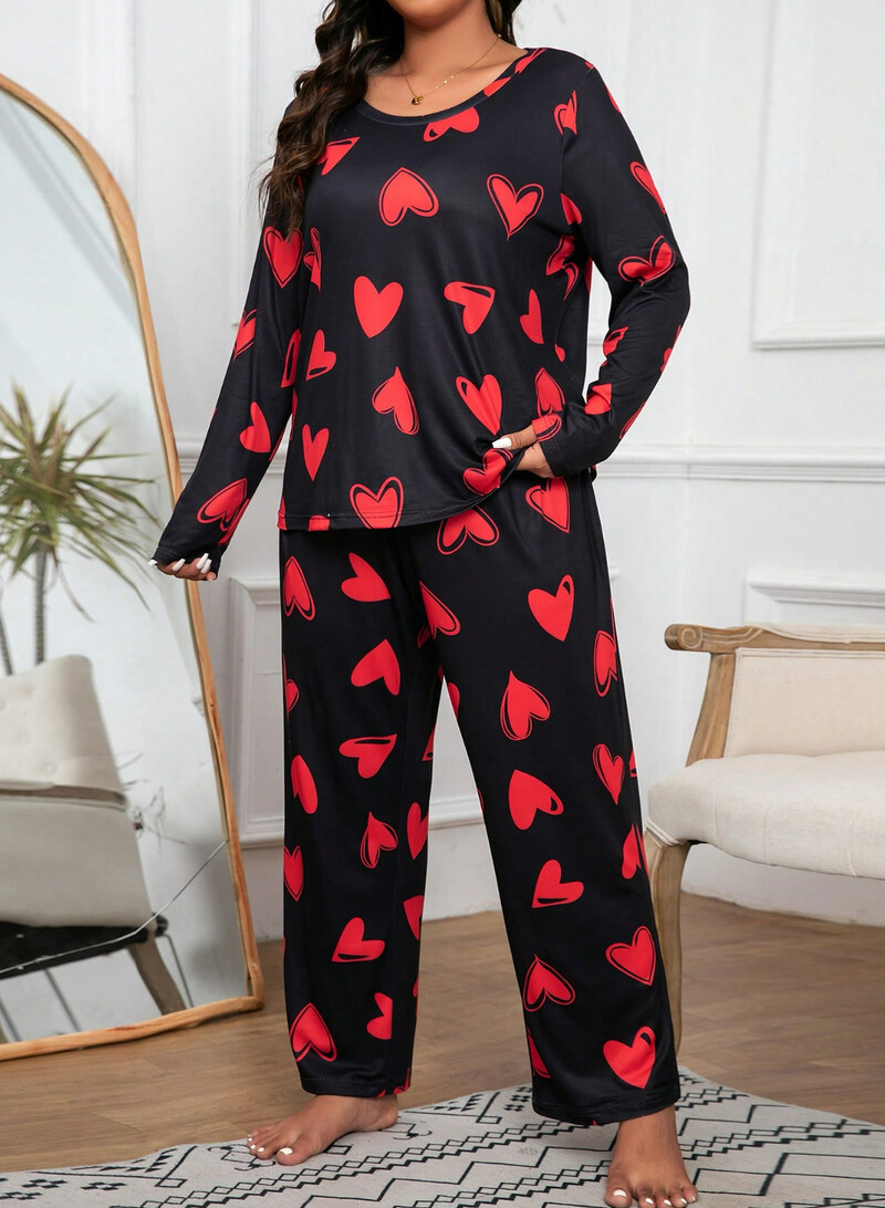 Nagy méretű női szívmintás hosszú ujjú pizsama szett, puha, könnyű, kétrészes nappali viselet, tökéletes otthonra és pihenésre