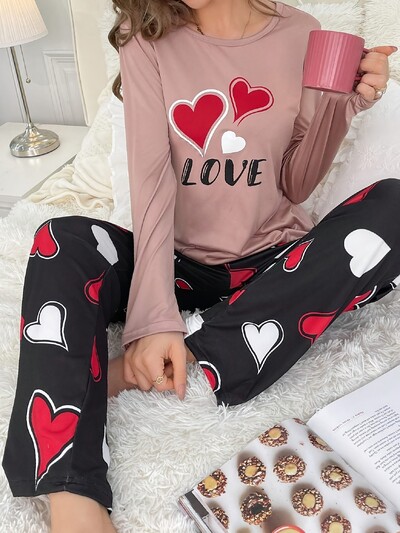 Love print hosszú ujjú felső és nadrág pizsama szett