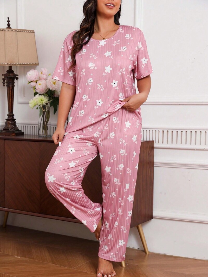 Tricou și pantaloni cu mânecă scurtă, cu imprimeu floral, pentru femei de mărime mare