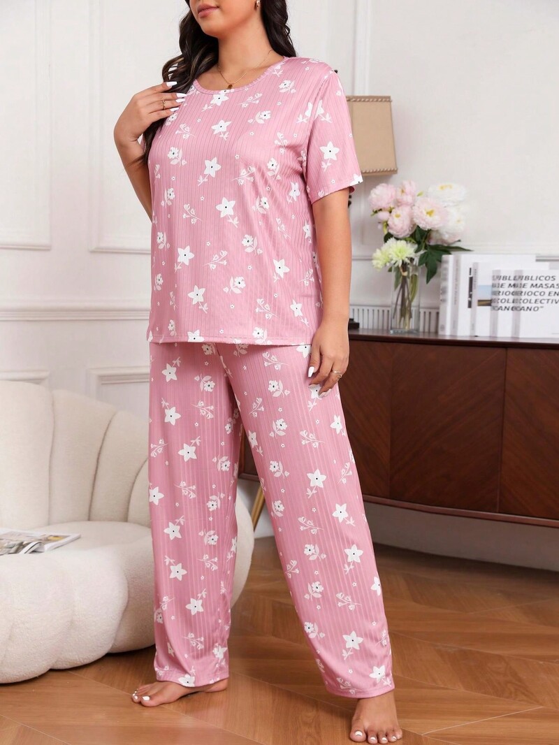 Tricou și pantaloni cu mânecă scurtă, cu imprimeu floral, pentru femei de mărime mare