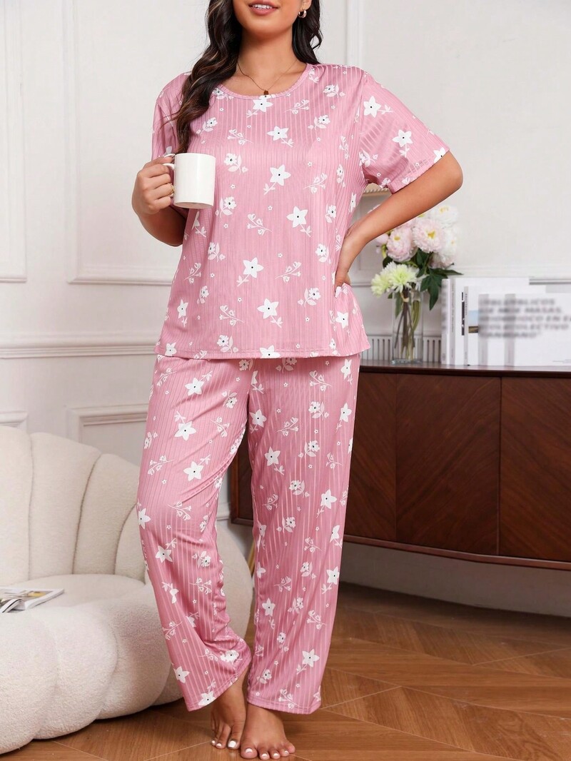 Tricou și pantaloni cu mânecă scurtă, cu imprimeu floral, pentru femei de mărime mare