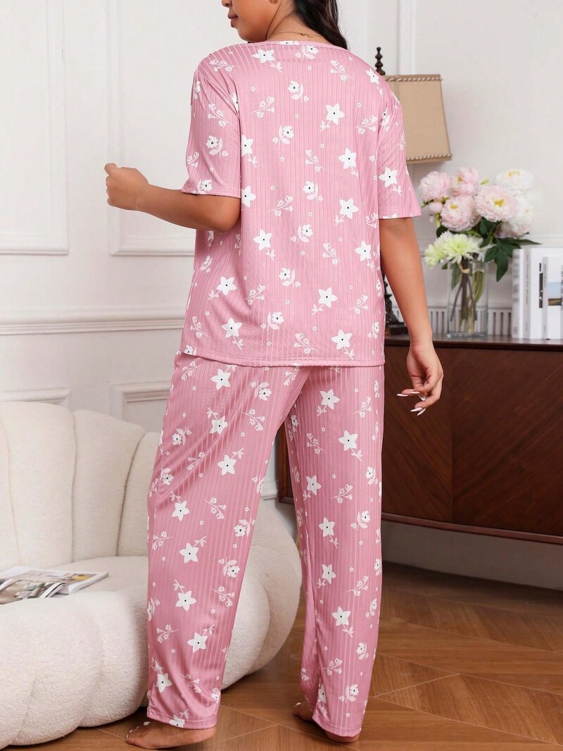 Tricou și pantaloni cu mânecă scurtă, cu imprimeu floral, pentru femei de mărime mare