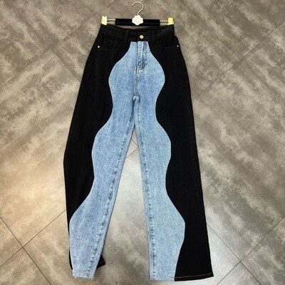 PREPOMP 2022 Letné novinky Modré džínsové patchworkové dlhé nohavice Dámske džínsy s potlačou, streetwear GF672