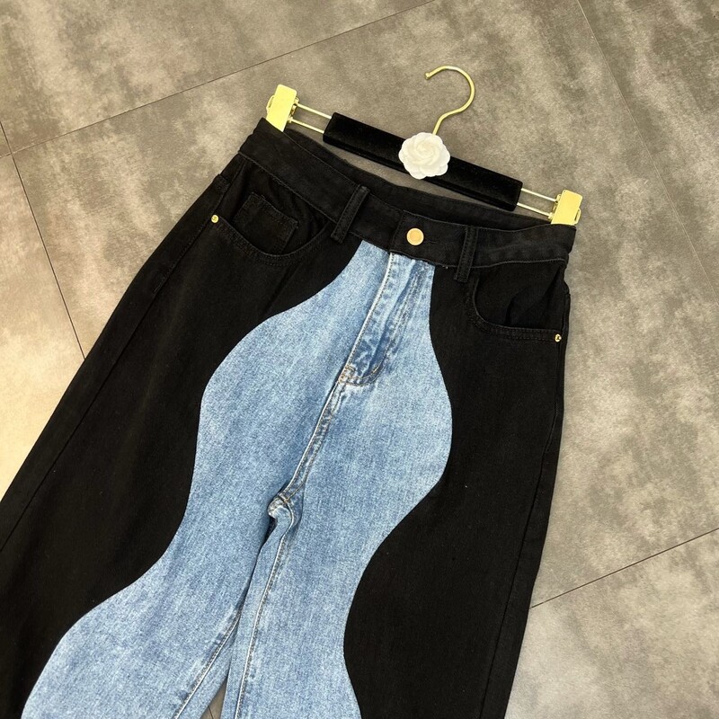PREPOMP 2022 Letné novinky Modré džínsové patchworkové dlhé nohavice Dámske džínsy s potlačou, streetwear GF672