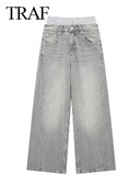 TRAF 2024 Dámske módne sivé patchworkové džínsy, dámske ležérne vrecovité široké džínsové nohavice, dámske džínsy, streetwear základné nohavice
