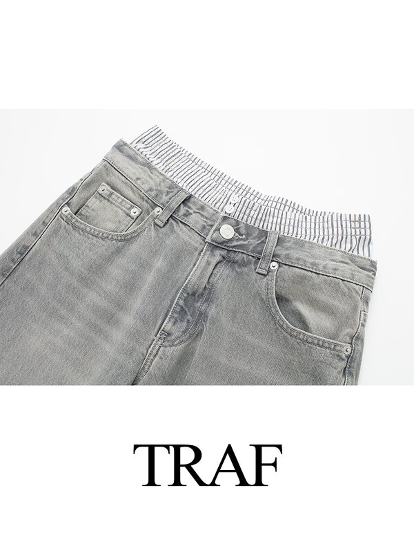 TRAF 2024 Dámske módne sivé patchworkové džínsy, dámske ležérne vrecovité široké džínsové nohavice, dámske džínsy, streetwear základné nohavice