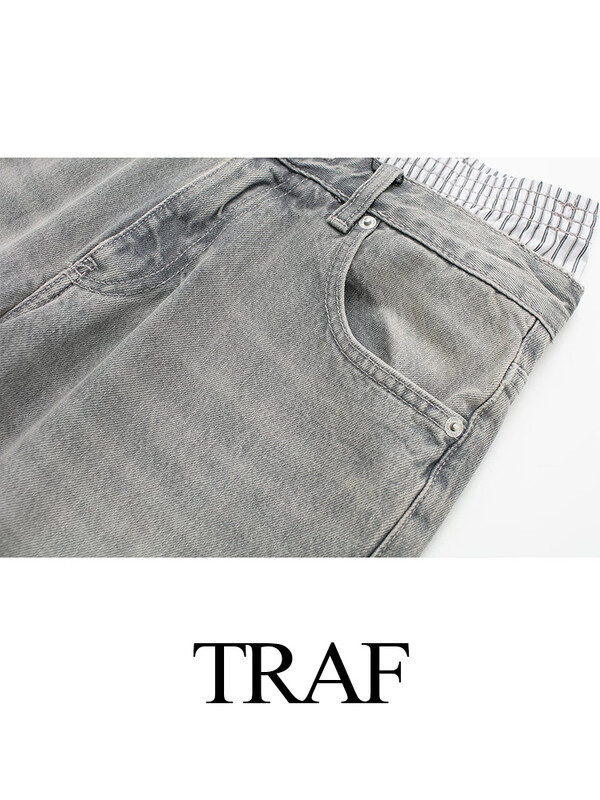 TRAF 2024 Dámske módne sivé patchworkové džínsy, dámske ležérne vrecovité široké džínsové nohavice, dámske džínsy, streetwear základné nohavice