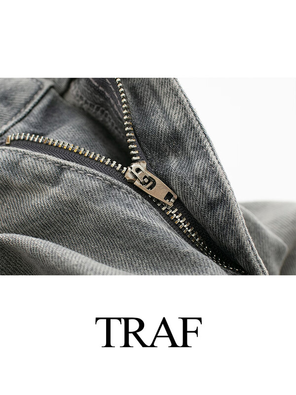 TRAF 2024 Dámske módne sivé patchworkové džínsy, dámske ležérne vrecovité široké džínsové nohavice, dámske džínsy, streetwear základné nohavice