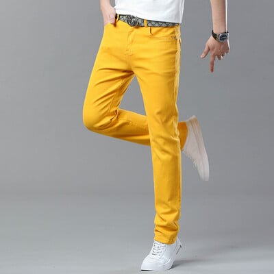 Pánske rovné džínsy s elastickým pásom, červeno-žlto-ružové, s elastickým pásom, s elastickým pásom, s elastickým pásom a strihom
