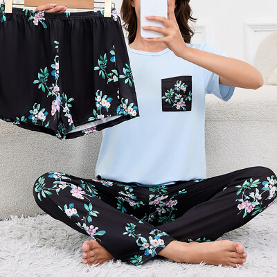 Rövid ujjú női nyakú felső rövidnadrággal és nadrággal, 3 részes nappaliruha Hálóruha Lounge szettek Nighty Print Alkalmi pizsama szett