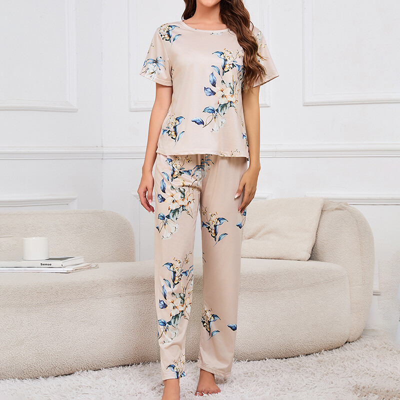 Rövid ujjú női nyakú felső rövidnadrággal és nadrággal, 3 részes nappaliruha Hálóruha Lounge szettek Nighty Print Alkalmi pizsama szett