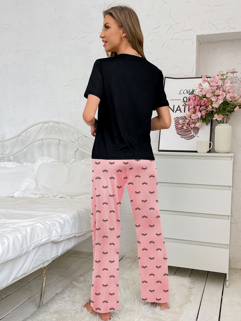 Női új stílusú otthoni viselet levélmintás rövid ujjú blúz nyomott nadrág kétrészes alkalmi pizsama szett