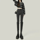 Blugi gri pentru slăbire cu talie înaltă, damă, primăvară 2023, 9 puncte elastice, pantaloni creion pentru slăbire cu picior mic