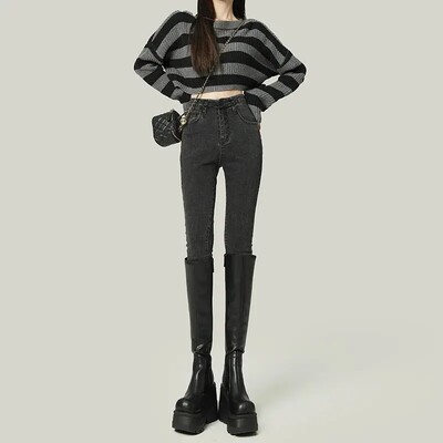 Blugi gri pentru slăbire cu talie înaltă, damă, primăvară 2023, 9 puncte elastice, pantaloni creion pentru slăbire cu picior mic