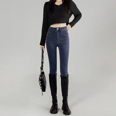 Blugi gri pentru slăbire cu talie înaltă, damă, primăvară 2023, 9 puncte elastice, pantaloni creion pentru slăbire cu picior mic