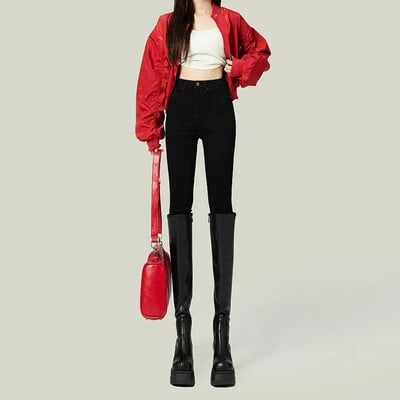 Blugi gri pentru slăbire cu talie înaltă, damă, primăvară 2023, 9 puncte elastice, pantaloni creion pentru slăbire cu picior mic