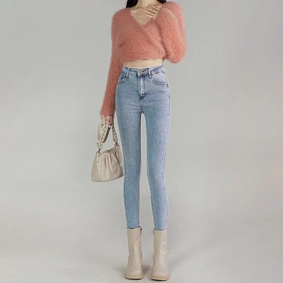 Blugi gri pentru slăbire cu talie înaltă, damă, primăvară 2023, 9 puncte elastice, pantaloni creion pentru slăbire cu picior mic