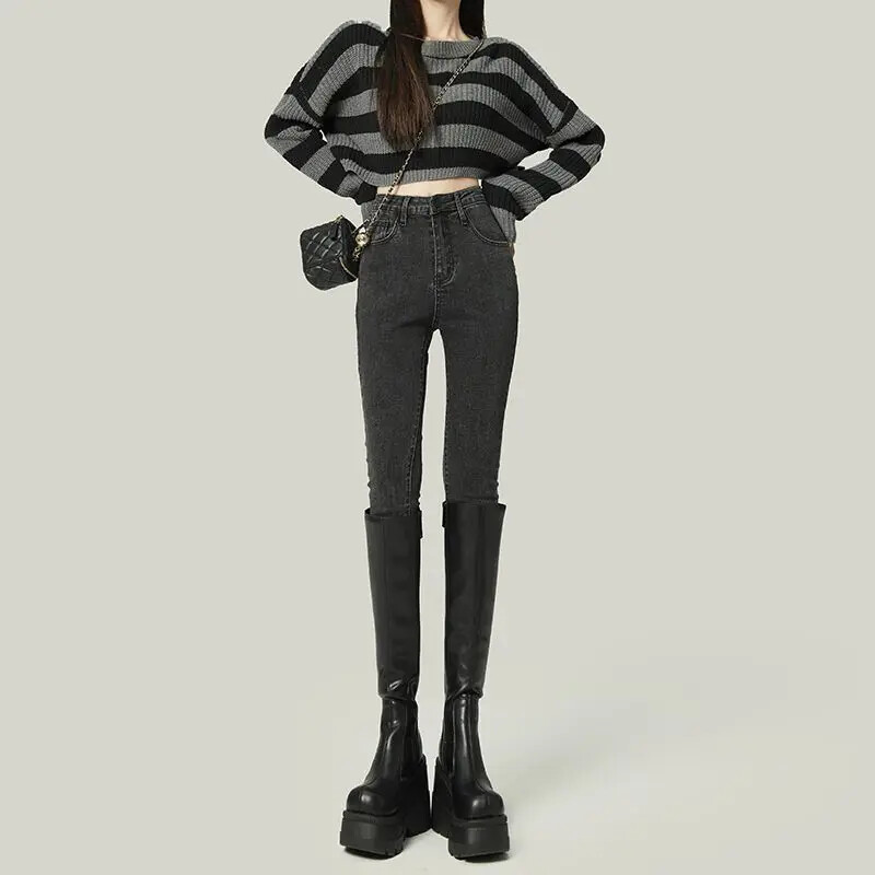 Blugi gri pentru slăbire cu talie înaltă, damă, primăvară 2023, 9 puncte elastice, pantaloni creion pentru slăbire cu picior mic
