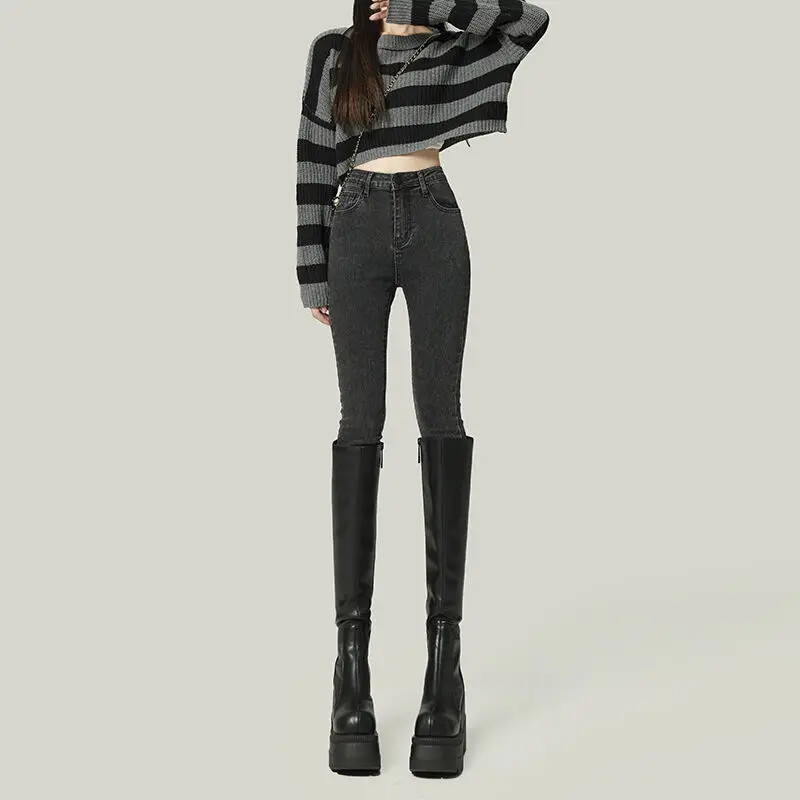 Blugi gri pentru slăbire cu talie înaltă, damă, primăvară 2023, 9 puncte elastice, pantaloni creion pentru slăbire cu picior mic