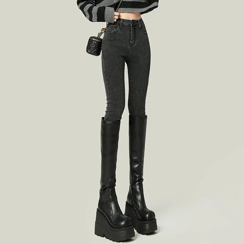 Blugi gri pentru slăbire cu talie înaltă, damă, primăvară 2023, 9 puncte elastice, pantaloni creion pentru slăbire cu picior mic