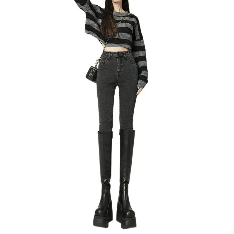 Blugi gri pentru slăbire cu talie înaltă, damă, primăvară 2023, 9 puncte elastice, pantaloni creion pentru slăbire cu picior mic