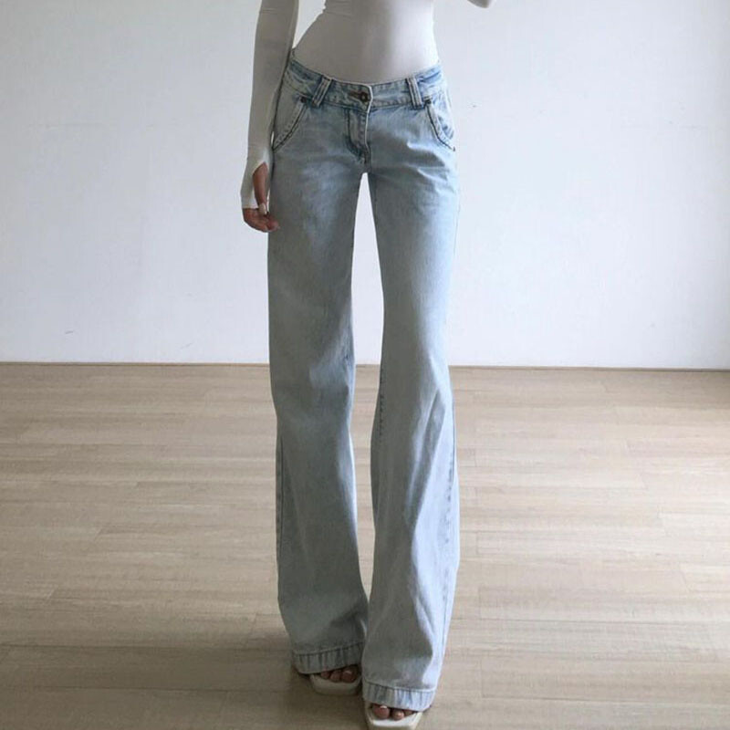 Xpqbb svetlomodré džínsy s nízkym pásom pre ženy, americké vintage streetwear džínsové nohavice, dámske módne Y2K prané rovné nohavice