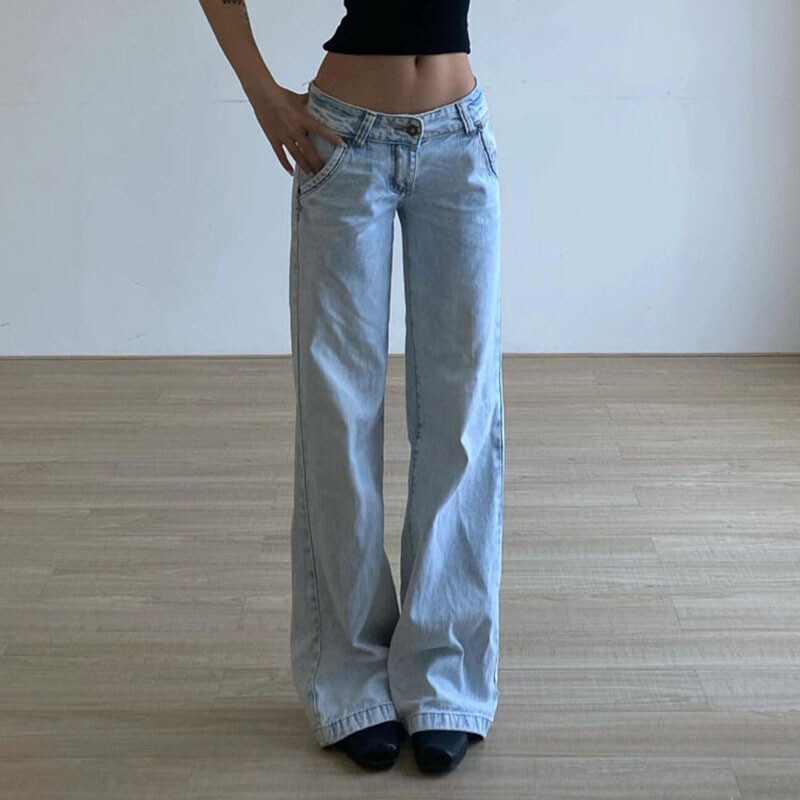 Xpqbb svetlomodré džínsy s nízkym pásom pre ženy, americké vintage streetwear džínsové nohavice, dámske módne Y2K prané rovné nohavice