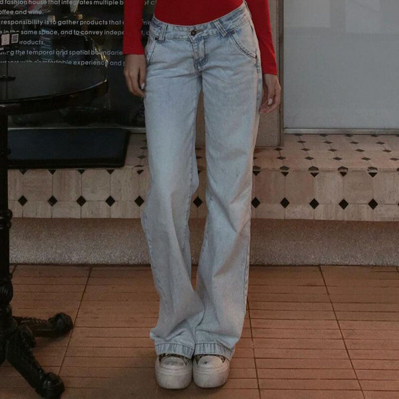 Xpqbb svetlomodré džínsy s nízkym pásom pre ženy, americké vintage streetwear džínsové nohavice, dámske módne Y2K prané rovné nohavice