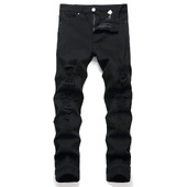 Plus Size 5XL 6XL Ανδρικά ταλαιπωρημένα Stretch Μαύρα τζιν παντελόνια Υψηλής ποιότητας Ανδρικά με τρύπες στο γόνατο Casual τζιν παντελόνι για ανδρικά