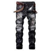 Nové pánske roztrhané patchworkové džínsy, streetwear, neelastické, rovné, slim-fit, vintage, opotrebované, motocyklové džínsy