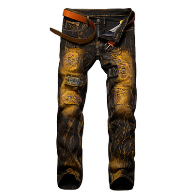 Nové pánske roztrhané patchworkové džínsy, streetwear, neelastické, rovné, slim-fit, vintage, opotrebované, motocyklové džínsy