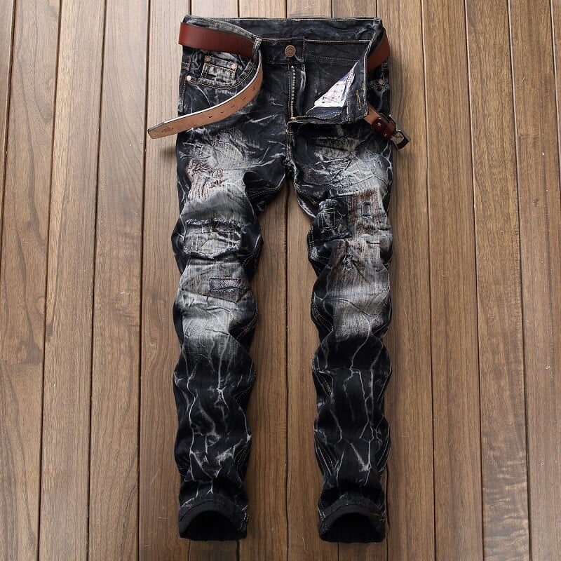 Nové pánske roztrhané patchworkové džínsy, streetwear, neelastické, rovné, slim-fit, vintage, opotrebované, motocyklové džínsy