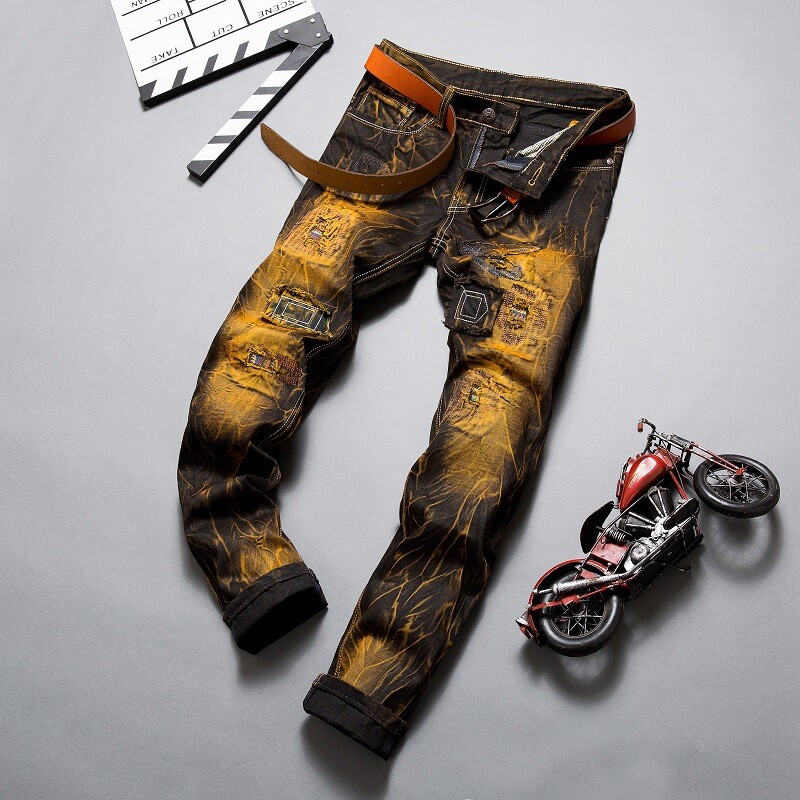 Nové pánske roztrhané patchworkové džínsy, streetwear, neelastické, rovné, slim-fit, vintage, opotrebované, motocyklové džínsy