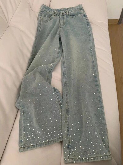 Strasszos egyenes lábú farmer női retro mosott széles szárú nadrág klasszikus kék magas derekú bő, teljesen passzoló nadrág