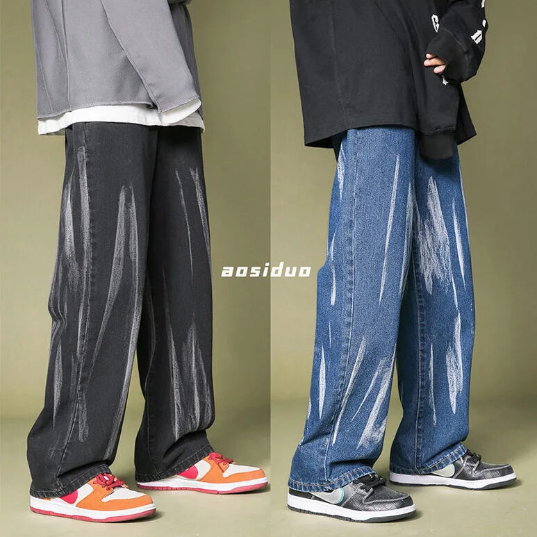 Pánske džínsy v americkom štýle Streetwear s vysokým pásom, rovné nohavice, ležérne nohavice v japonskom štýle, voľný strih, zvonové nohavice