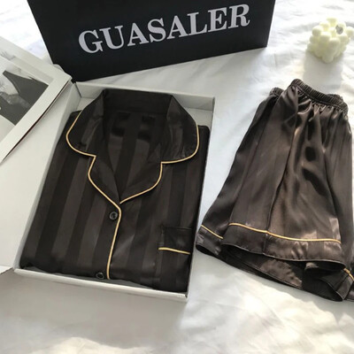 2 db női alvási társalgó szett nagyméretű, varrat nélküli szatén pizsama felső és rövid szett, csíkos gombos rövid ujjú ing és nadrág pizsama