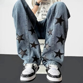 Pánske vintage gotické rovné voľné džínsy s hviezdicovou potlačou, pánske džínsové nohavice High Street, letné jarné streetwear nohavice