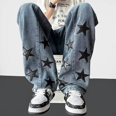 Pánske vintage gotické rovné voľné džínsy s hviezdicovou potlačou, pánske džínsové nohavice High Street, letné jarné streetwear nohavice