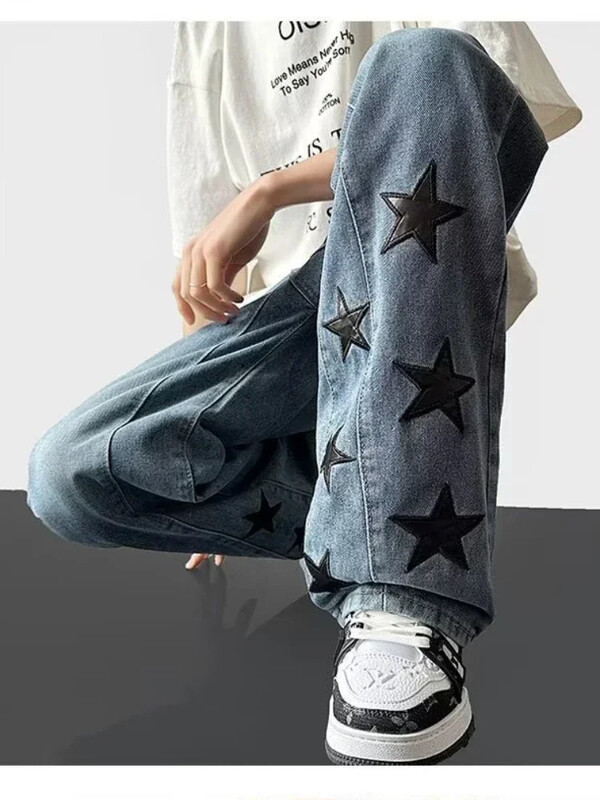 Pánske vintage gotické rovné voľné džínsy s hviezdicovou potlačou, pánske džínsové nohavice High Street, letné jarné streetwear nohavice