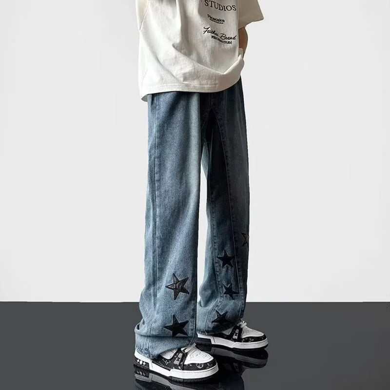 Pánske vintage gotické rovné voľné džínsy s hviezdicovou potlačou, pánske džínsové nohavice High Street, letné jarné streetwear nohavice