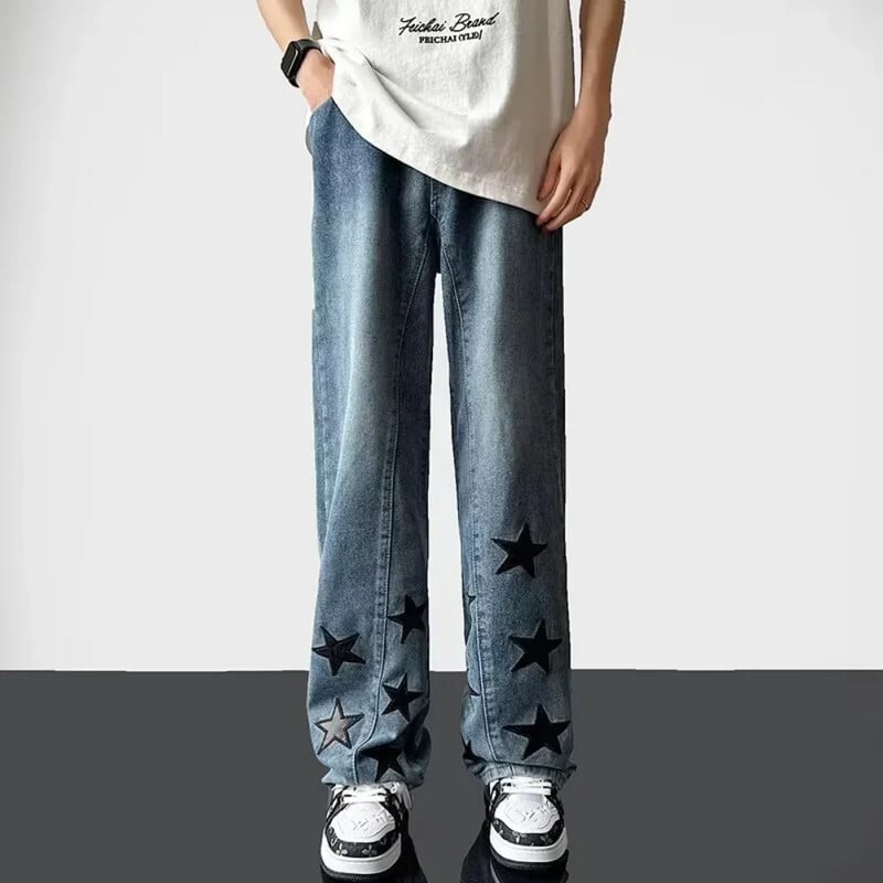 Pánske vintage gotické rovné voľné džínsy s hviezdicovou potlačou, pánske džínsové nohavice High Street, letné jarné streetwear nohavice