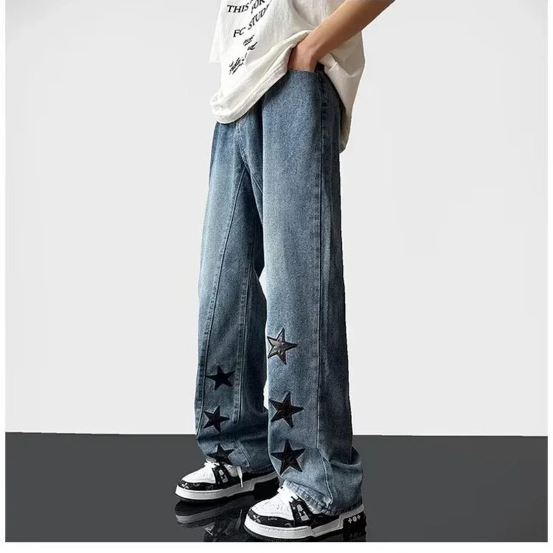 Pánske vintage gotické rovné voľné džínsy s hviezdicovou potlačou, pánske džínsové nohavice High Street, letné jarné streetwear nohavice
