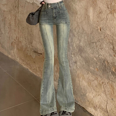 Kišenės Vintažiniai džinsai aukštu juosmeniu siauri džinsai moteriški Honkongo stiliaus džinsiniai kelnės su apatiniu apačia Pikantiški mergaičių mėlyni negabaritiniai džinsai su kirpimu