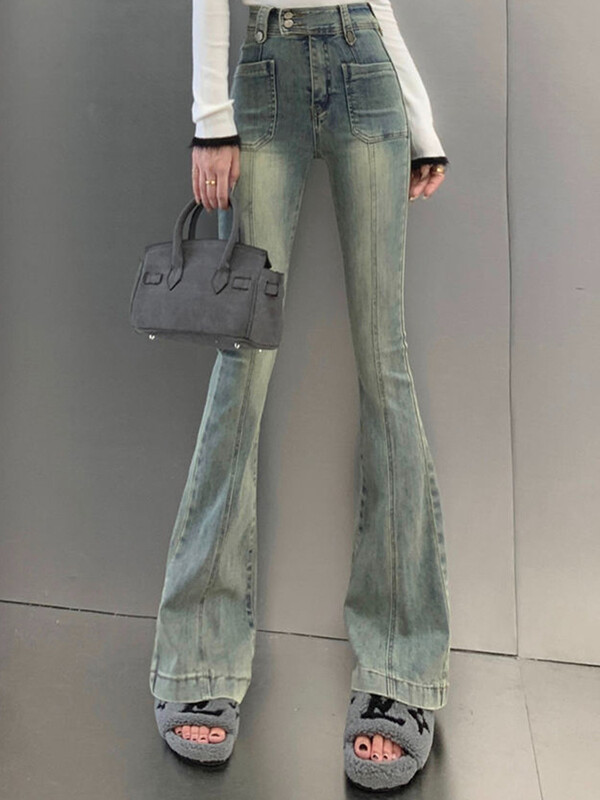Kišenės Vintažiniai džinsai aukštu juosmeniu siauri džinsai moteriški Honkongo stiliaus džinsiniai kelnės su apatiniu apačia Pikantiški mergaičių mėlyni negabaritiniai džinsai su kirpimu