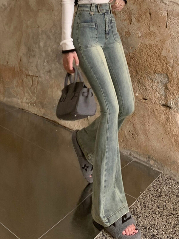 Kišenės Vintažiniai džinsai aukštu juosmeniu siauri džinsai moteriški Honkongo stiliaus džinsiniai kelnės su apatiniu apačia Pikantiški mergaičių mėlyni negabaritiniai džinsai su kirpimu