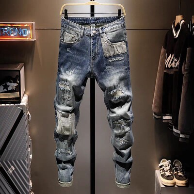 Îmbrăcăminte de lux de modă Îmbrăcăminte în stil coreean Blugi de denim ocazional pentru bărbați, slim fit, cu găuri, primăvară, toamnă, spălați, blugi prietenos