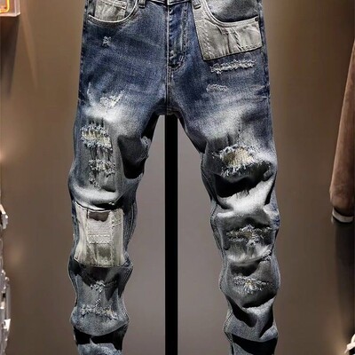Îmbrăcăminte de lux de modă Îmbrăcăminte în stil coreean Blugi de denim ocazional pentru bărbați, slim fit, cu găuri, primăvară, toamnă, spălați, blugi prietenos