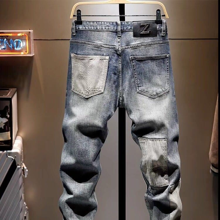 Îmbrăcăminte de lux de modă Îmbrăcăminte în stil coreean Blugi de denim ocazional pentru bărbați, slim fit, cu găuri, primăvară, toamnă, spălați, blugi prietenos