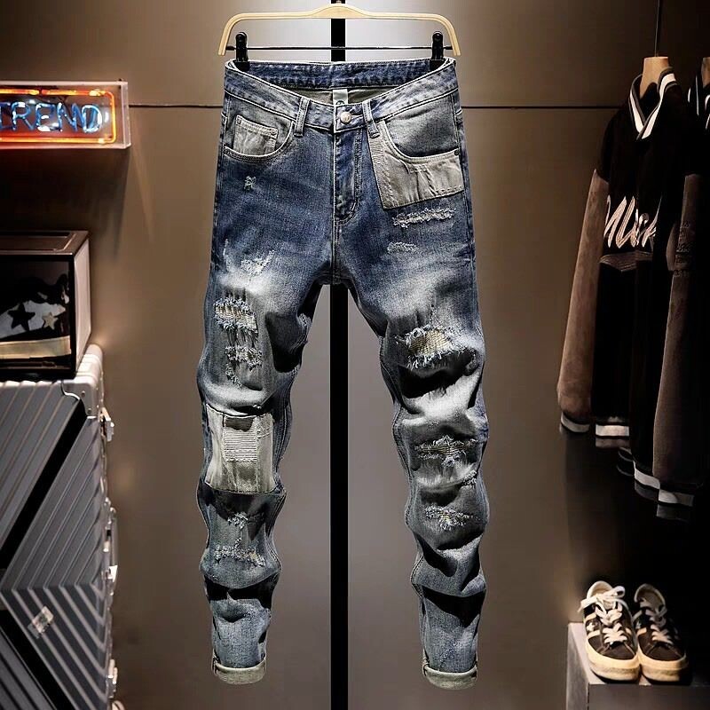 Îmbrăcăminte de lux de modă Îmbrăcăminte în stil coreean Blugi de denim ocazional pentru bărbați, slim fit, cu găuri, primăvară, toamnă, spălați, blugi prietenos