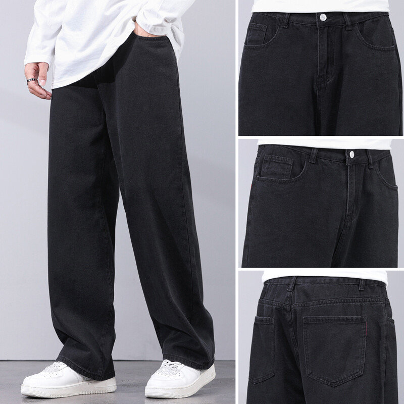 Fekete farmer férfi bő szabású táskás nadrág széles szárú utcai viselet Hiphop férfi farmer nadrág férfi ruházat hosszú nadrág 2022 újdonság